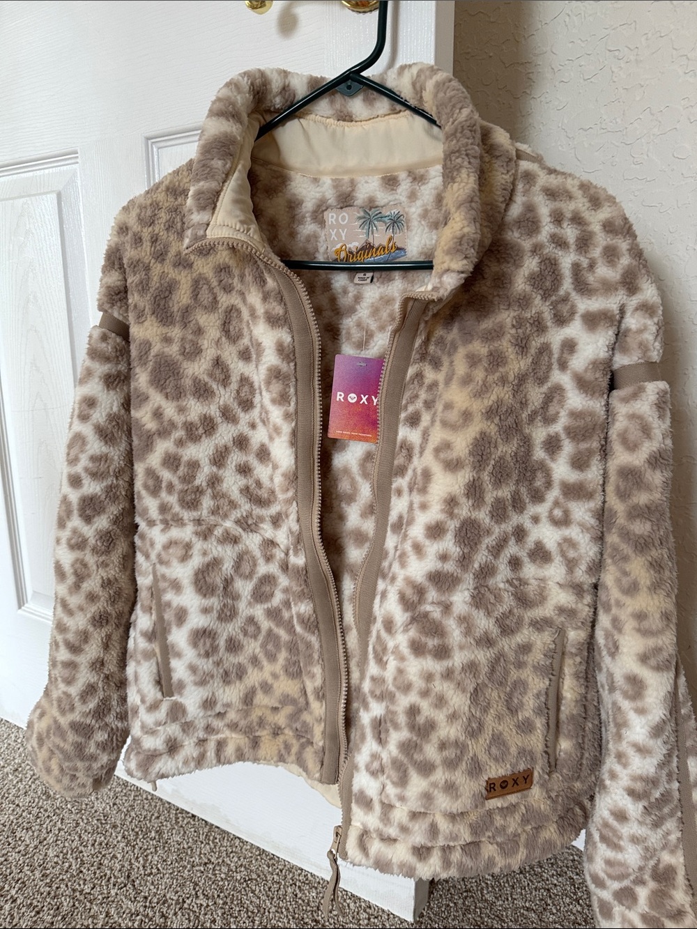 Roxy Leopard-Print Plush Zip Jacket - Taupe/Cream